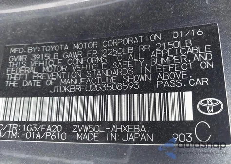 2016 Toyota Prius Two from USA, damaged, VIN JTDKBRFU2G3508593